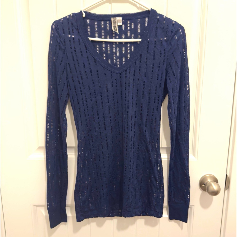 BKE Womens Navy Solid Open-Knit V-Neck Lightweight Pullover Shirt Size S